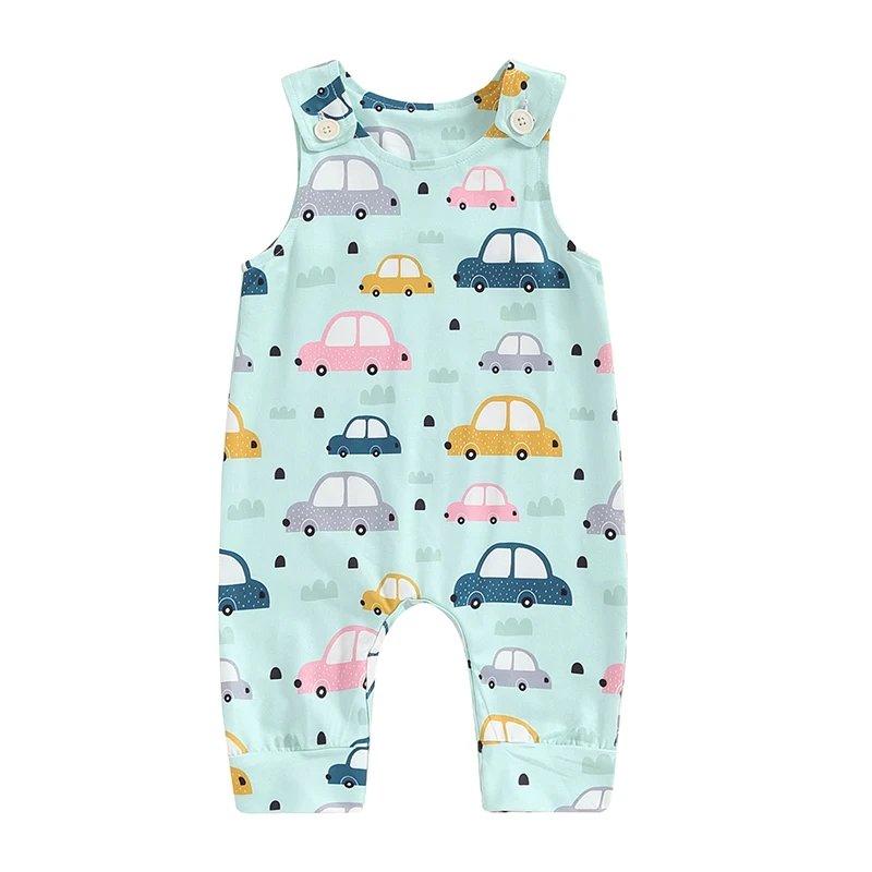 

Infant Baby Boy Summer Tank Romper Cartoon Car Print Sleeveless Round Neck Full Length Bodysuit