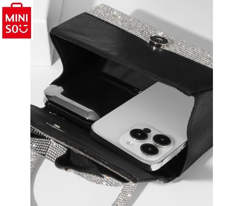 MINISO  Disney Luxury Brand Princess Full Diamond Bow Sweet Chain Handbag Women's Fashion Shining Storage Dinner Bag