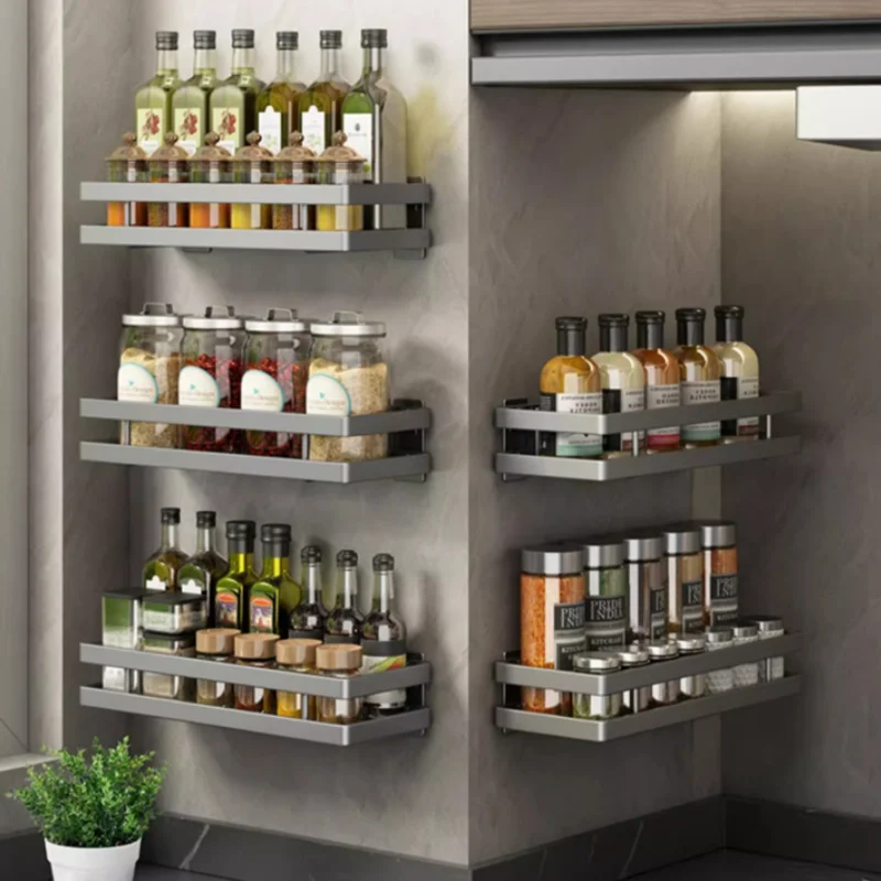 Kitchen Storage Rack Wall Seasoning Storage Rack Bathroom Shelf Shampoo Shelves Wall Carbon Steel Kitchen Accessories ﻿