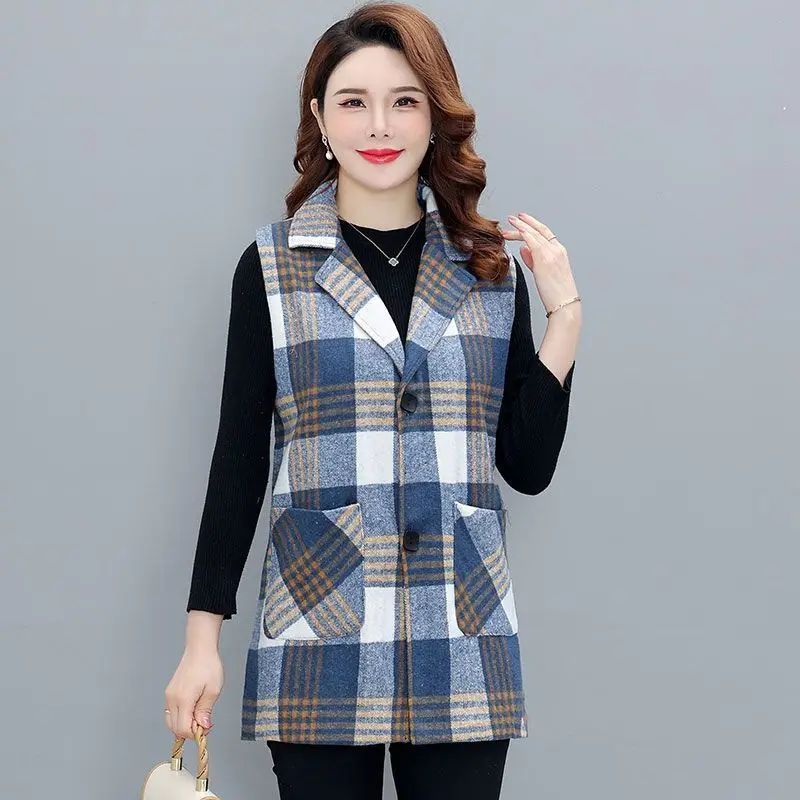 Women Spring and Autumn Fashion New Suit Collar Coat Plaid Button Pockets Splicing Leisure Versatile Mid-length Sleeveless Vest women blazer vest sleeveless single button flap pockets mid length fashion solid color lapel office suit waistcoat workwear