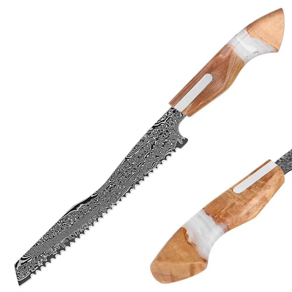 8-Zoll-Brotmesser aus 67-lagigem Damaszener Stahl für Kuchen, Baguette und Croissant mit Holzharzgriff
