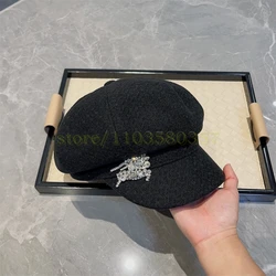 Women pring summer Black Colour Rhinestone Design Berets Hat Fashion Casual Decorate Hats Lady Elegant Tweed Cap new 769823