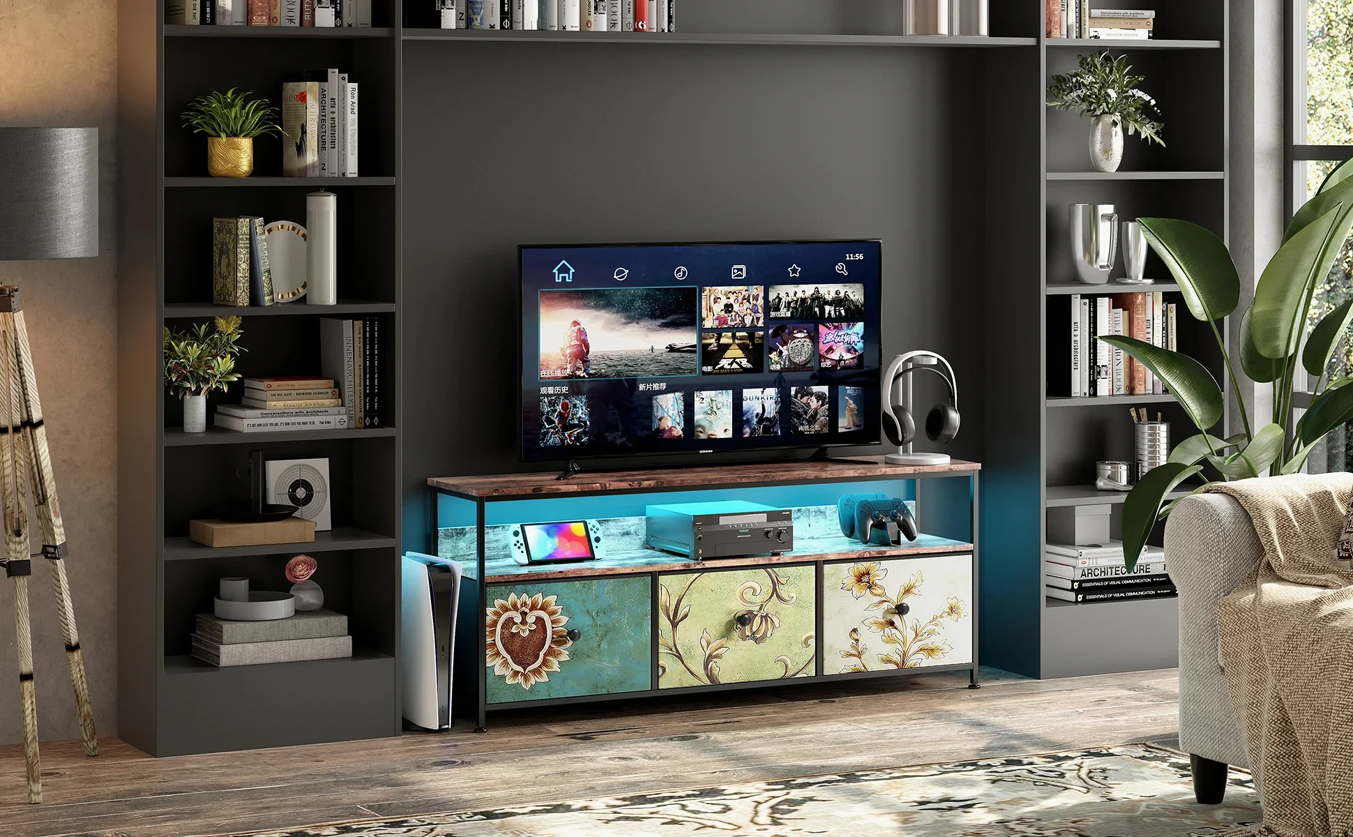 Rosahqnda Moderner TV-Ständer mit 3 Stoffschubladen und LED, TV-Tisch, TV-Schrank, TV-Ständer, Wohnzimmermöbel, Vintage-Design, Eisenrahmen – Detail 11