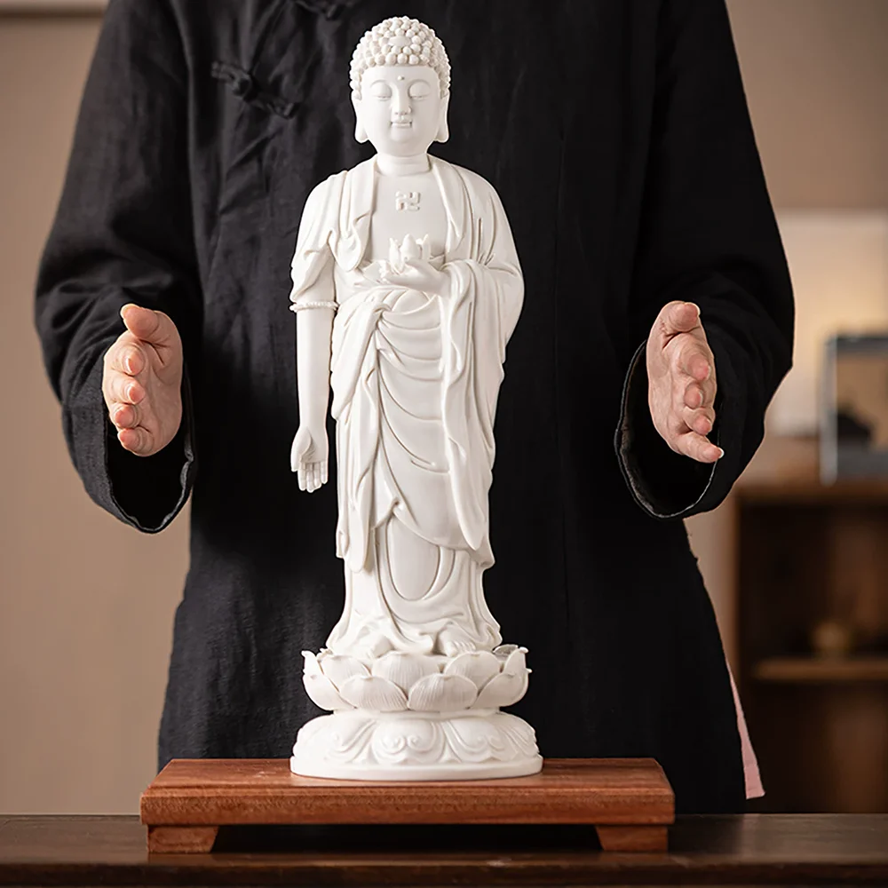 White Porcelain Amitabha Buddha Statue, Standing on Lotus Sculpture for Home Altar, Yoga Buddhist Figurine, Serenity & Protectio