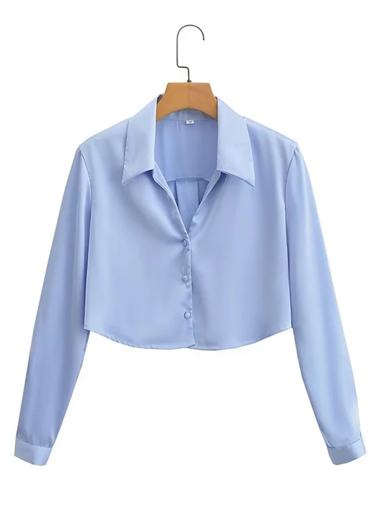 YENKYE New Fashion Women Solid Cropped Satin Shirt Vintage
