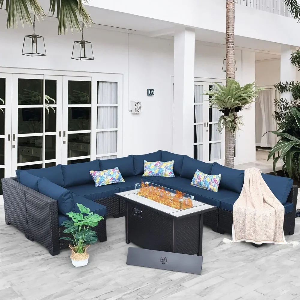 

9 Piece Outdoor Furniture Set with 45 Inch Fire Pit Patio Furniture Set 60000 BTU Propane Fire Pit Table, Terrace Sectional Sofa