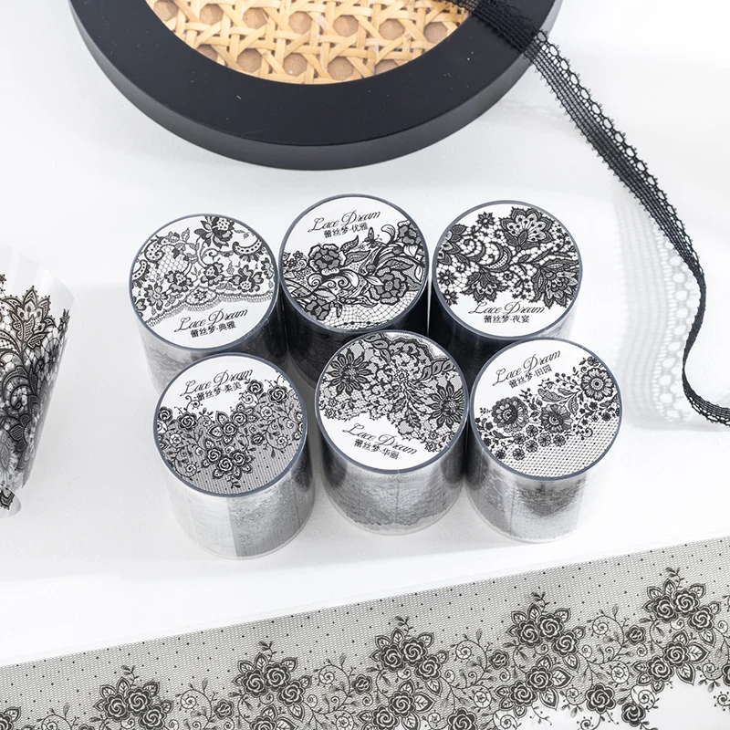 55mm*2m Black White Lace PET Tapes DIY Scrapbooking Junk Journal Aesthetics Decor Diary Collage Masking Tape Stationery Supplies 3