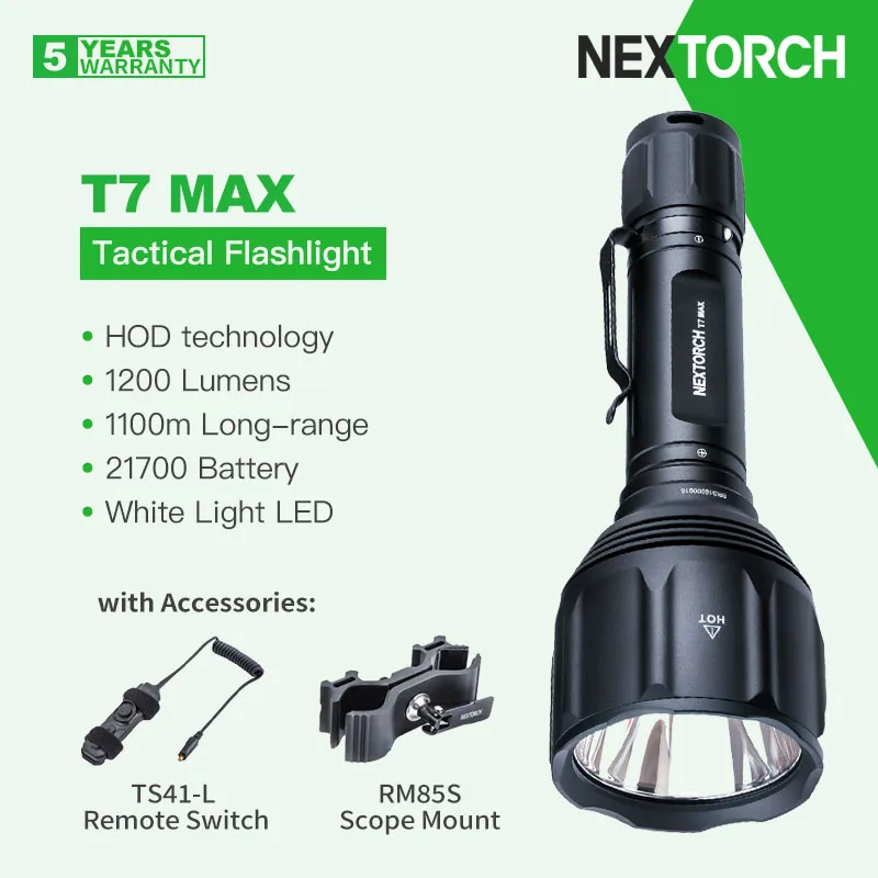 Фото Тактический фонарик дальнего действия Nextorch T7 MAX 1100 м, 1200 люмен, аккумулятор 21700, с дистанционным переключателем и креплением для прицела для охоты №1