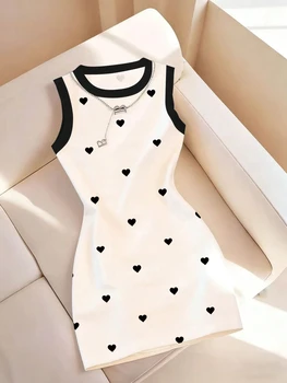 Women's Spring/Summer Casual Elegant Sleeveless Slim-Fit Round Neck Heart Print Dress 1