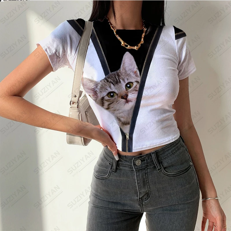 

2023 Women's Summer New Fashion Short Top 3D Printed Cute Cat Short Sleeve T-shirt Women's Round Neck Pullover Sexy Style Top