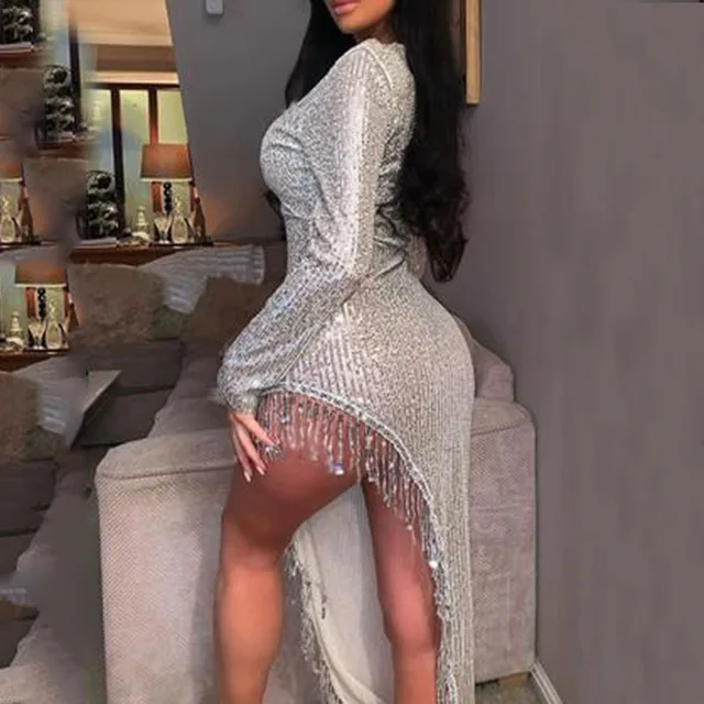 2021 New Sexy Bodycon Dress Skirt Tassel Sequin Deep V Womens Party Maxi Long Sleeve Side Slit Sexy Irregular Dress Silver