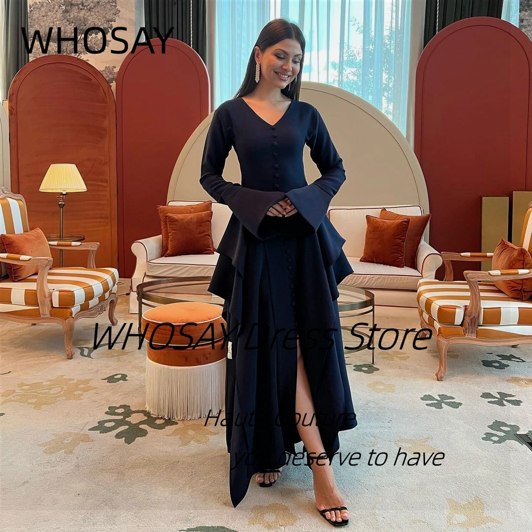 

WHOSAY Buttons Front Slit Dresses for Prom Saudi Arabia Evening Gowns V Neck Long Sleeves Holiday Party Women Vestidos Des Noche