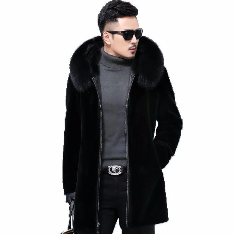 Fur Coat All-In-One Men's 2022 New Mid-Length Leather Imitation Fox Collar And Cotton |