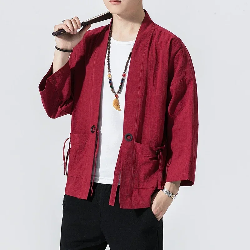Japanese Kimono Japanese Kimono Cardigan Japanese Kimono Shirt Cotton Linen Men Kimono Cardigan Japanese Obi Male Yukata Haori Thin Causal Samurai Clothing Traditional Streetwear Jacket