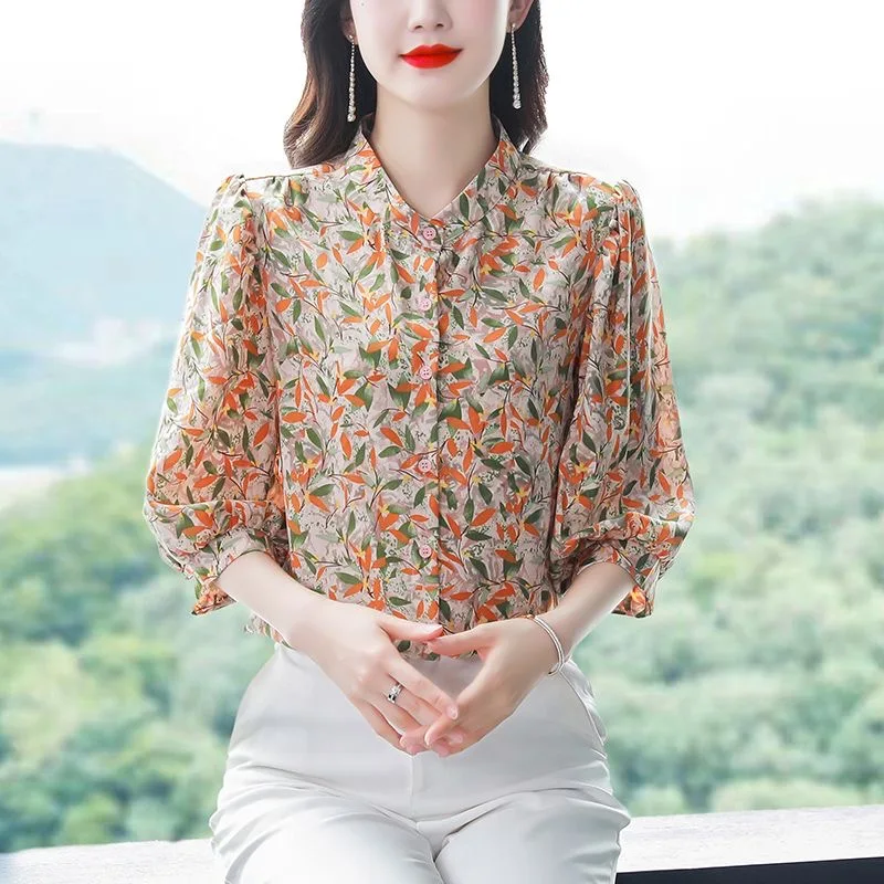 

2023 Summer Stand Collar Floral Printed Cardigans Blouse Femme 3/4 Sleeve Loose Casual Chiffon Shirt Women's Elegant Sweet Top
