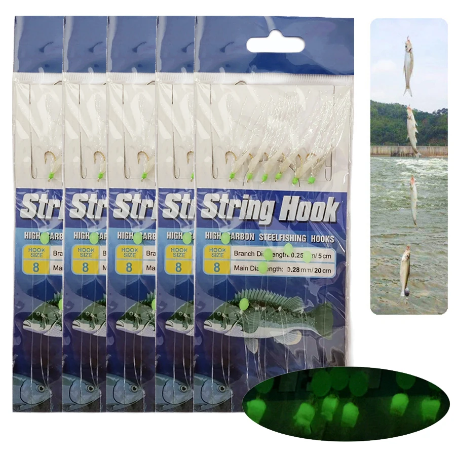 Lot de 5 packs leurres de pêche Sabiki avec hameçons 8# pour poissons de mer et eau douce