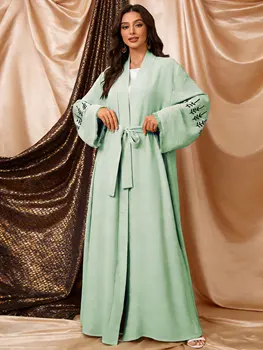 Spring New Arrival Long Abaya Dress 2026 Features Unique Embroidered Sleeves Islam Kimono Kaftan Muslim Women Abaya Belted Robe 1