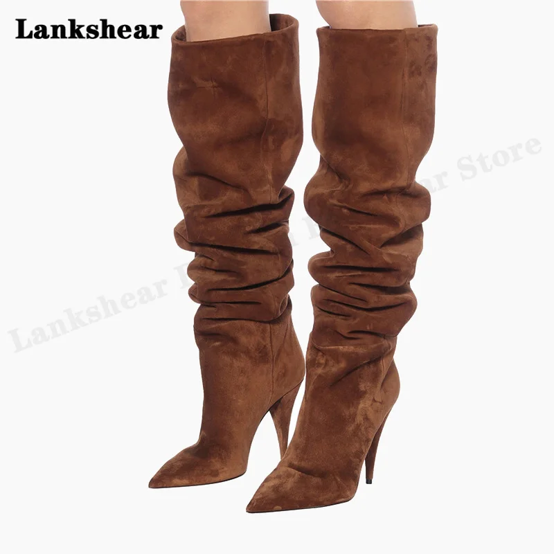 Spring and Autumn Pointed Wine Red Pleated Over-The-Knee Boots Women's Suede High-Heeled Boots Sexy Catwalk Shoes Large Size
