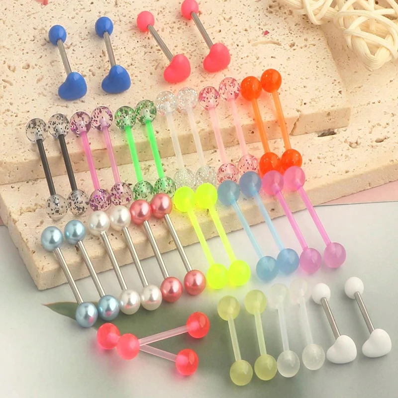 36PCS  Tongue Piercing Tongue Barbell Rings 16mm Acrylic Ball Nipple Retainer 14G Flexible Body Piercing Jewelry Glow In Dark