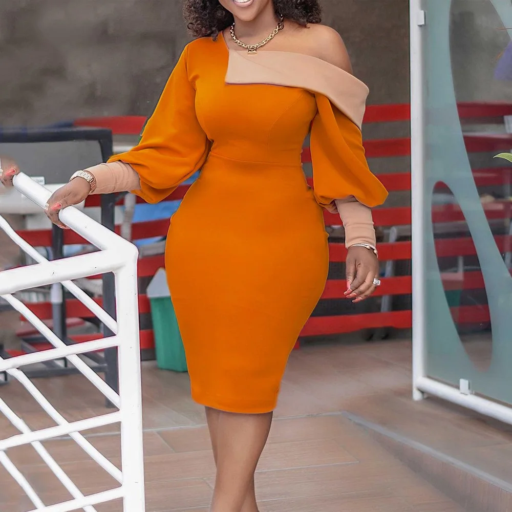 Elegant Office Dresses For Women One Shoulder Lantern Sleeve High