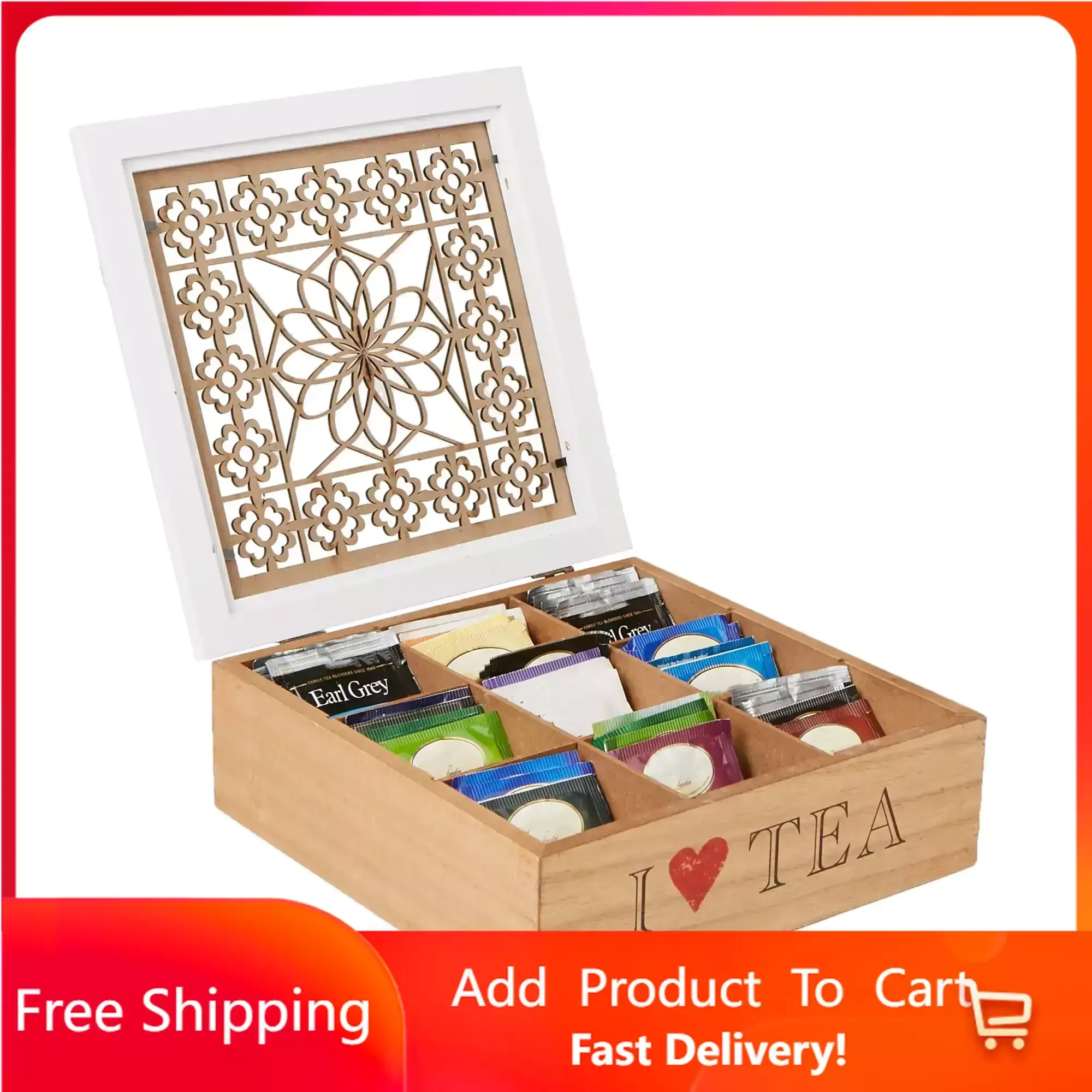 

Single Serve Pouch Divided Tea Box Storage Holder with Wood Floral Pattern, Brown Free Shipping