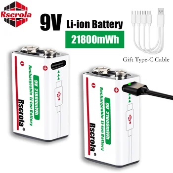 Batteria ricaricabile agli ioni di litio da 9 V a lunga durata 21800 mWh ad alta capacità per pedale rilevatore di fumo per microfono per chitarra con cavo