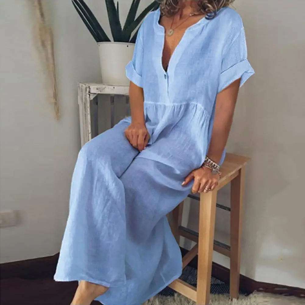 

Cotton Linen V-neck Women Maxi Dress Casual Button Placket Short Sleeves Solid Color Loose Ladies Beach Long Dress Female Clothe