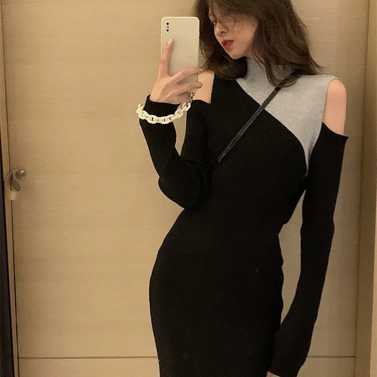 

Contrast Color Half High Neck Temperament Waist Knit Female 2023 Winter New Mid-Length Sweater Dress Base Skirt