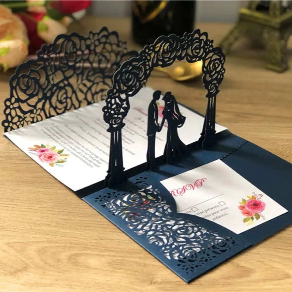 3D Bride and Groom Rose Gold Pop Up Wedding Invitations Laser Cut Greeting Cards Envelope Navy Blue White Pink Greeting Cards