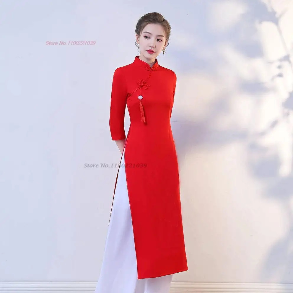 Traditional Vietnamese Aodai Dress Pants Set Oriental Qipao Cheongsam Banquet Evening Vestido