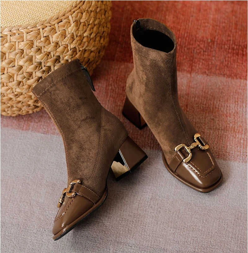 

Short Boots Women's Spring Autumn Single Boots Square Chunky Heel Heels Women's Boots British Style Retro Zipper Naked Boots
