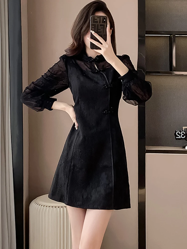 

Women Korean Vintage Hepburn Festival Mini Dress Spring Autumn Black Jacquard Patchwork Mesh Dress 2024 Fashion Elegant Vestidos