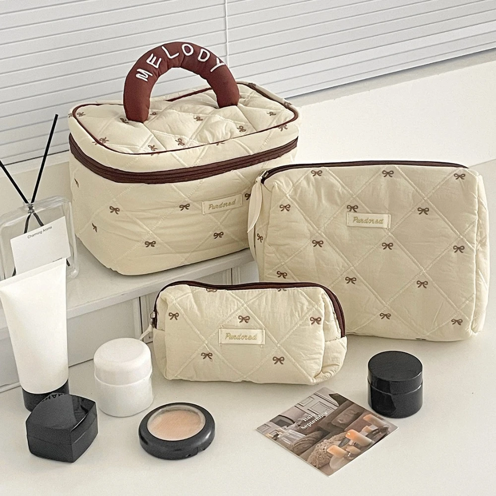 Fashion Brown Bow Cake Women Makeup Zipper Bag Large Capacity Tote Organizer Toiletry Cosmetic Pouch Ladies Make Up Handbag 2026