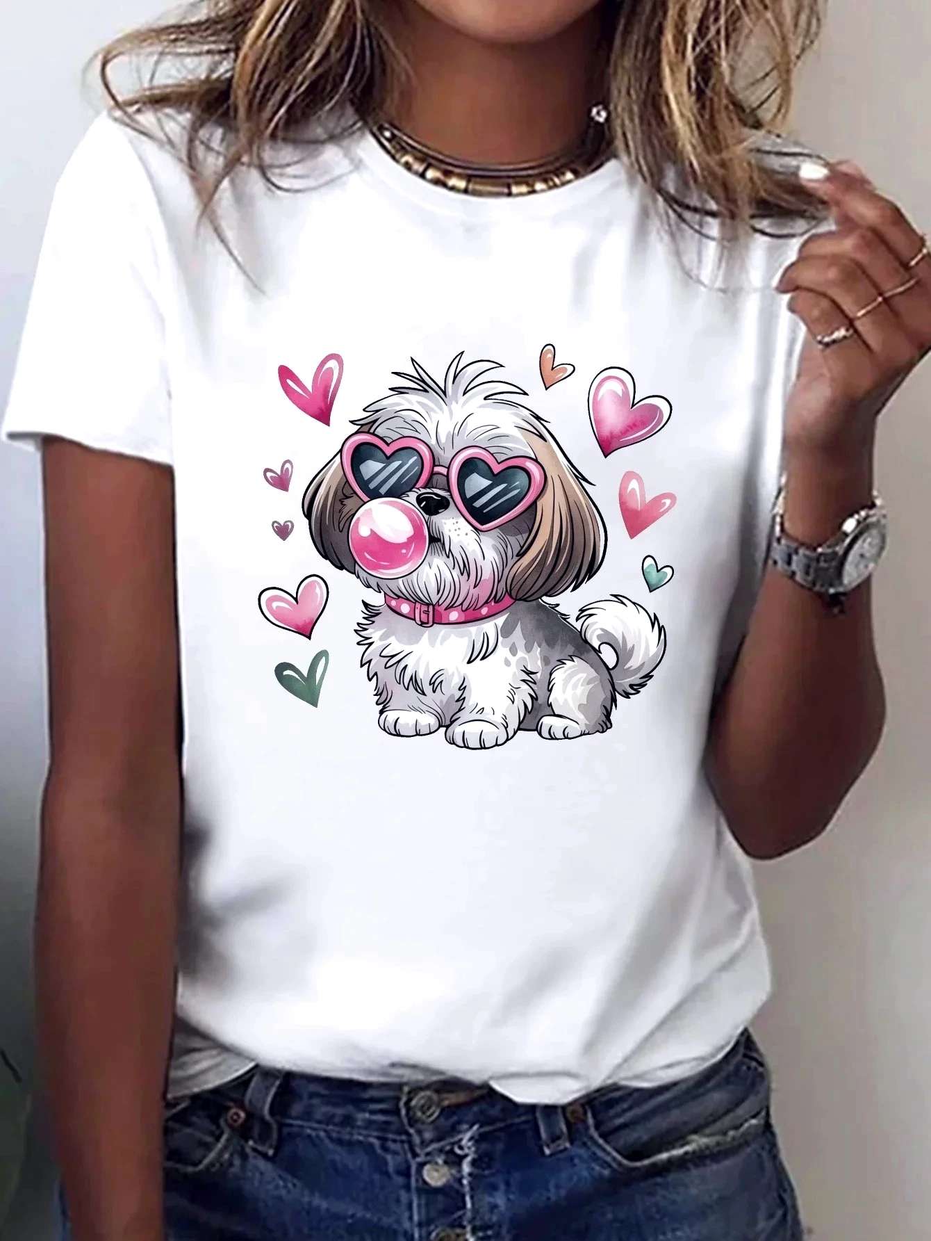 New Women's Shih Tzu with Heart Fashion Glasses Print T-Shirt Sleeve Crew Neck Casual Summer Sleeved Harajuku Streetwear Top Tee 2