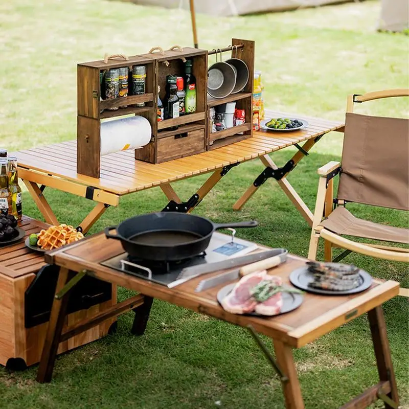 Camping Split Type Multi-layer Seasoning Cabinet Portable Folding Grill Caddy Picnic Wood Condiment Box For Camping Supplies storage bag camping storage bag spice container