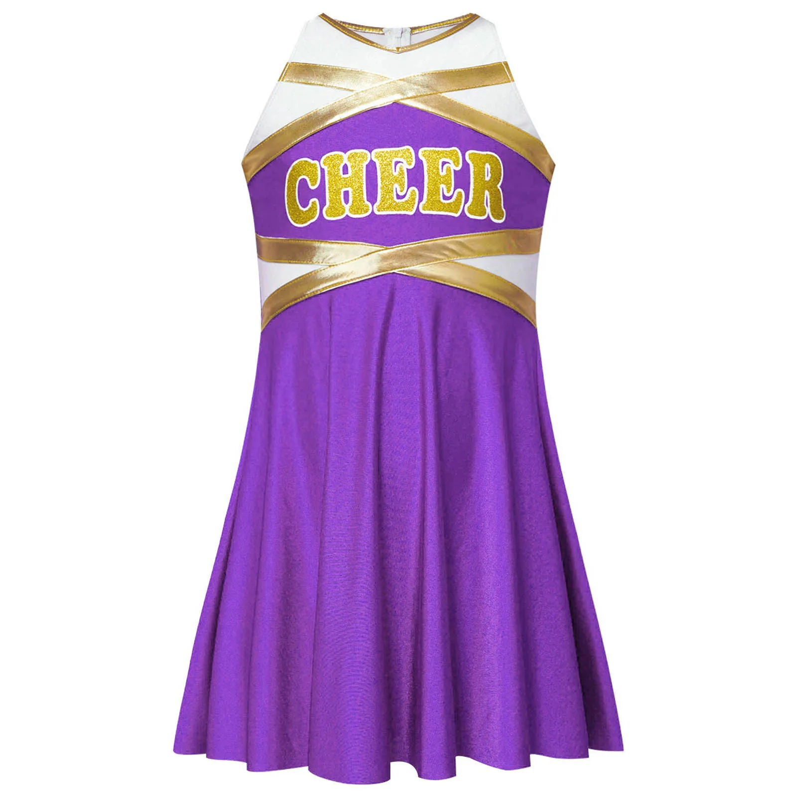 Kids Girls Cheerleading Uniform Cheerleader Cheer Dance Performance Costume Dancewear Sleeveless Letter Print Metallic Dress