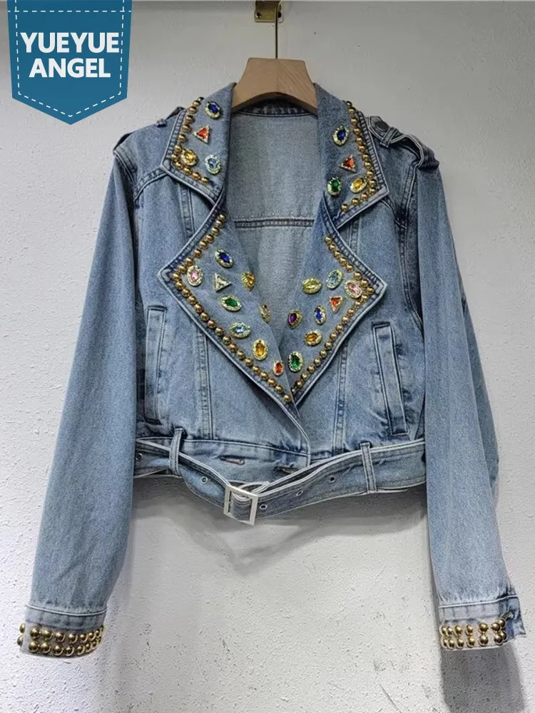 

Autumn New Women Crystal Rivets Beading Denim Jacket High Waist Belted Short Coat Stage Show Outwear Casual High Street Jacket