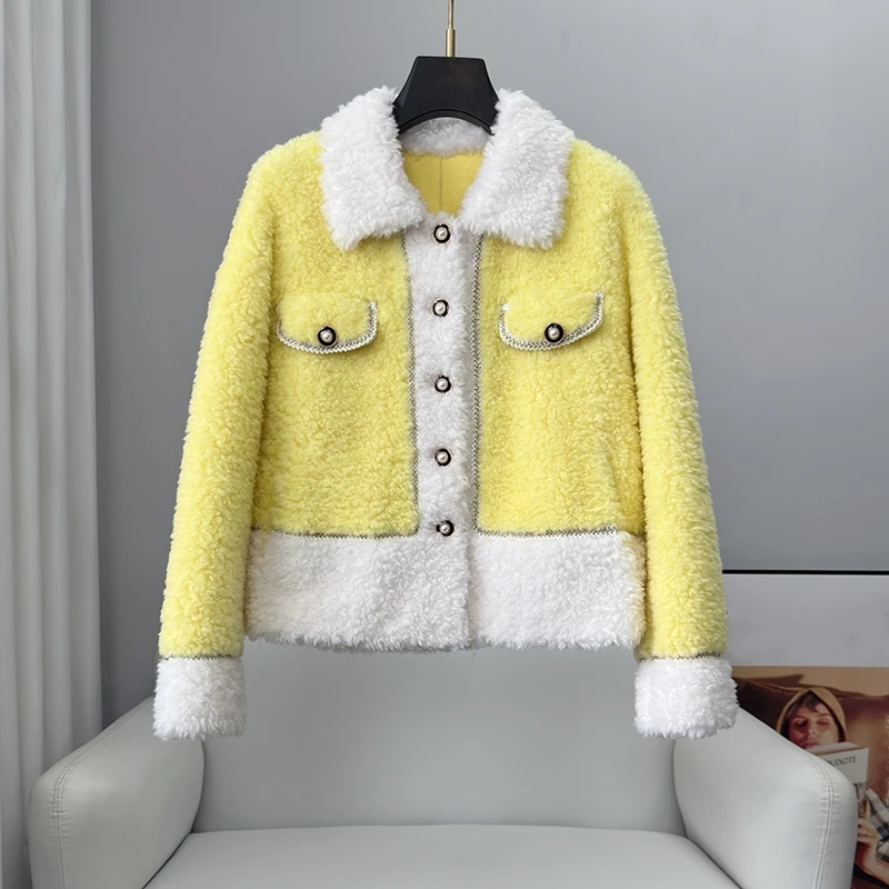 

PUDI 2023 New Design Genuine Wool Fur Knitted Winter Coat Fashion Softness Women Sheep Shearing Uniform Jacket CT354