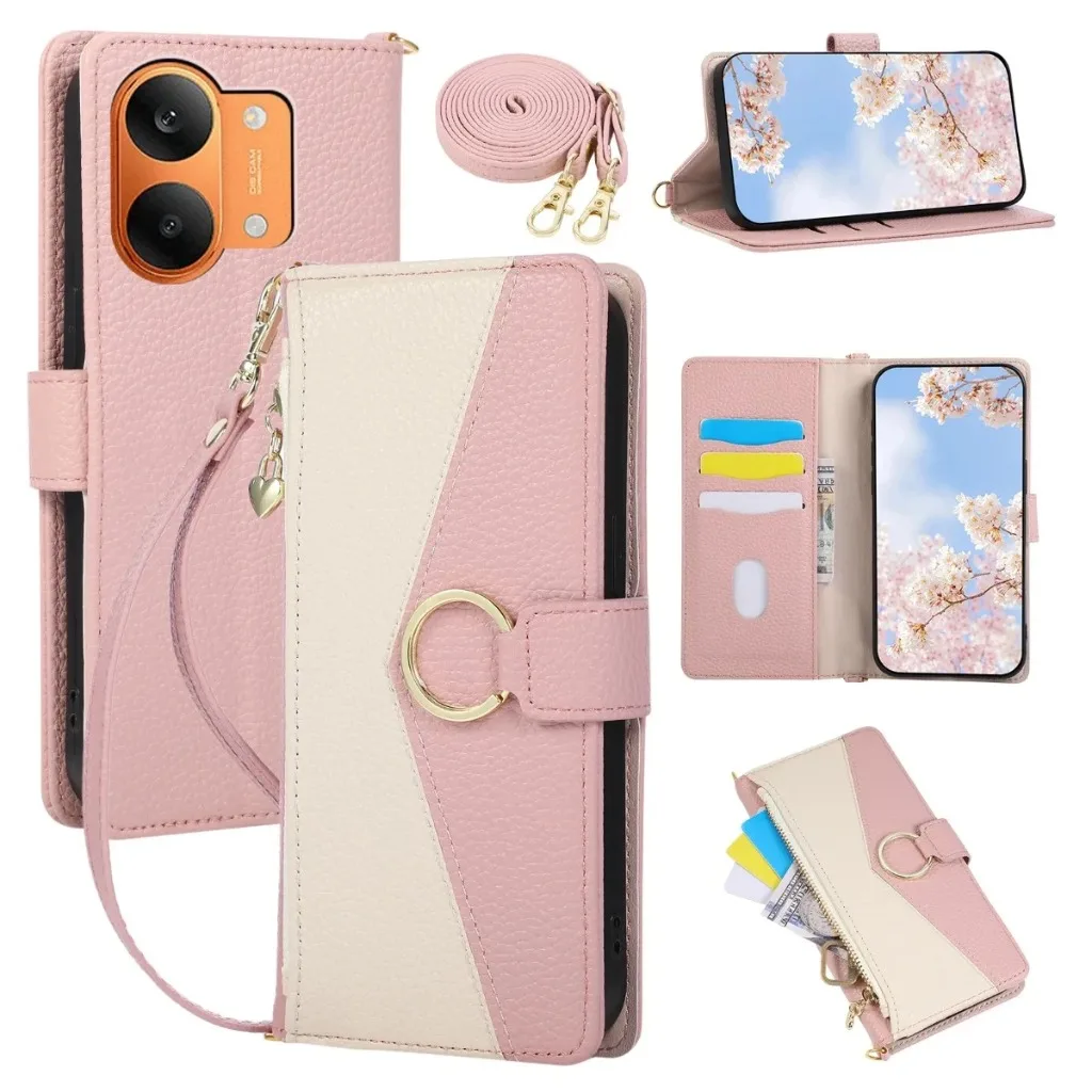 Zipper Wallet Crossbody Lanyard Phone Case with Ring Buckle Cover
