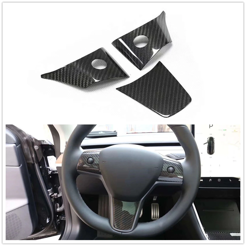 

3PCS Carbon Fiber Car Interior Steering Wheel Panel Sticker Cover Trim Controler Holder Strip For Tesla 2017-2023 Model 3