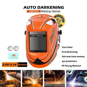 Casco per saldatura HITBOX HB555 Oscuramento automatico 3,9x3,1 pollici Cappuccio per saldatura con ampia visualizzazione Maschera per saldatore alimentata a batteria solare a colori reali