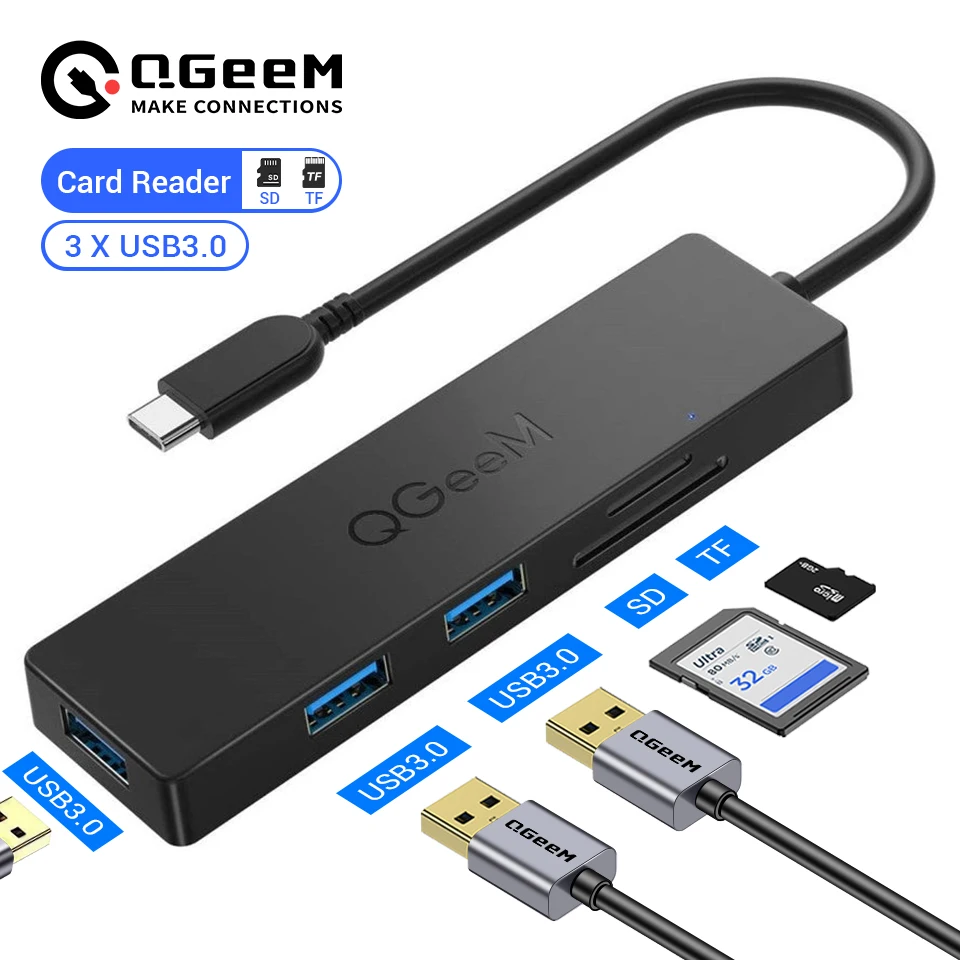 Hub USB 5 Em 1 - Leitor Cartão SD/Micro SD + USB-C OTG