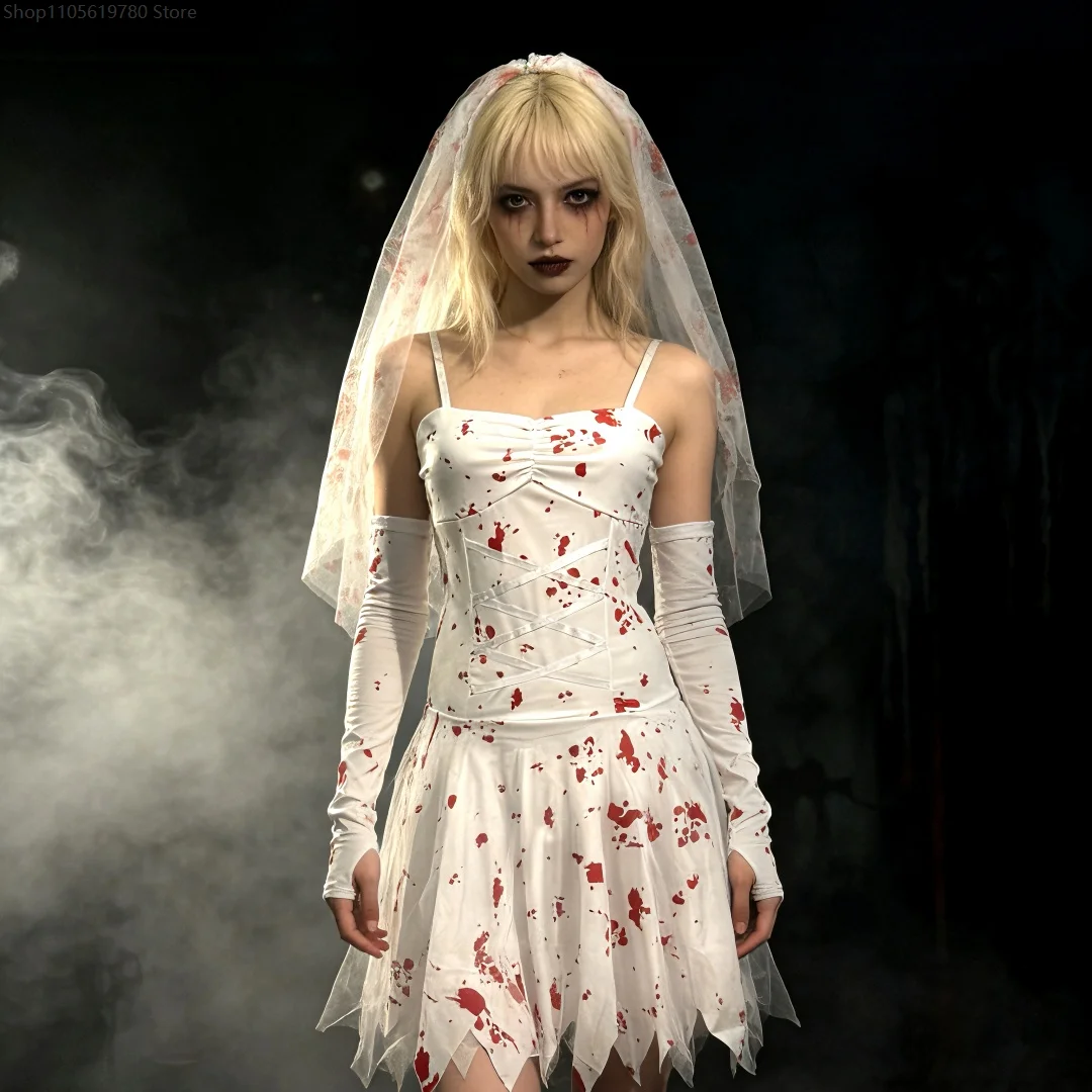 Abito Gotico Horror da Sposa Fantasma, Stile Vintage Sanguinoso, Outfit di Moda Ideale per Cosplay, Carnevale, Halloween e Spettacoli