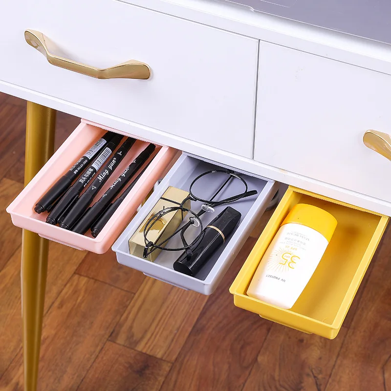 Hidden Adhesive Fixed Square Office Stationery Under The Desk Makeup Pen Drawer Storage Box