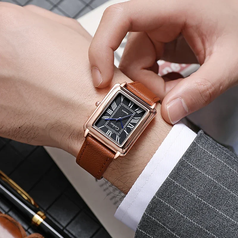 New Fashion Watch Designer Rectangle Dial Quartz Watch for Men Casual Leather Strap Luxury Business Wristwatch Relogio Masculino 6