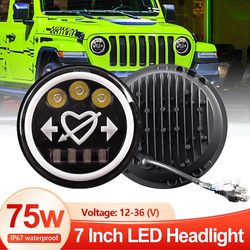 

7 Inch LED Headlight H4 Hi-Lo with Halo Angel Eyes Car Light for Niva Lada 4x4 Offroad Jeep JK UAZ Hunter Hummer Beetle Classic