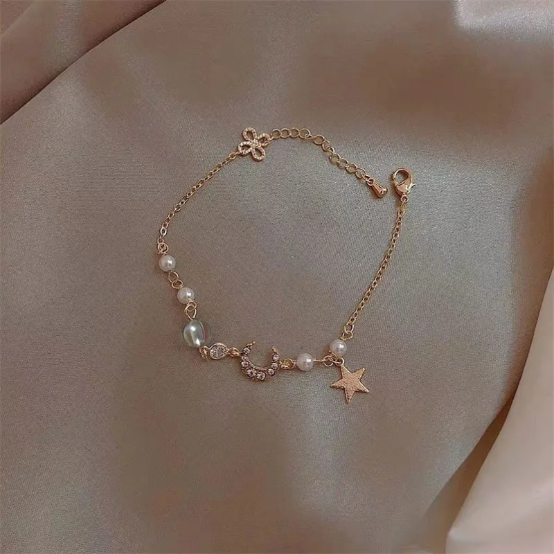 Korean Simple Star Moon Zircon Pearl Bracelet For Women Ladies Cute Elegant Exquisite Shiny Link Chain Bracelet Charm Jewelry bracelet jewelry