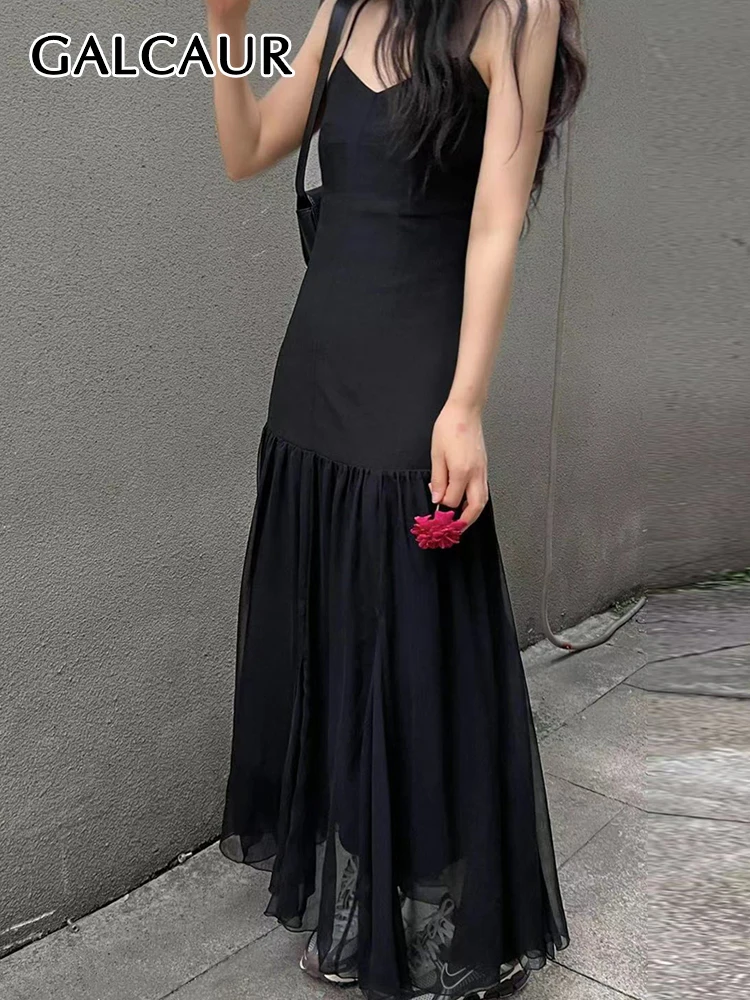 

GALCAUR Patchwork Mesh Dresses For Women Square Collar Sleeveless Off Shoulder High Waist Tunic Summer Sexy Slim Dress Female