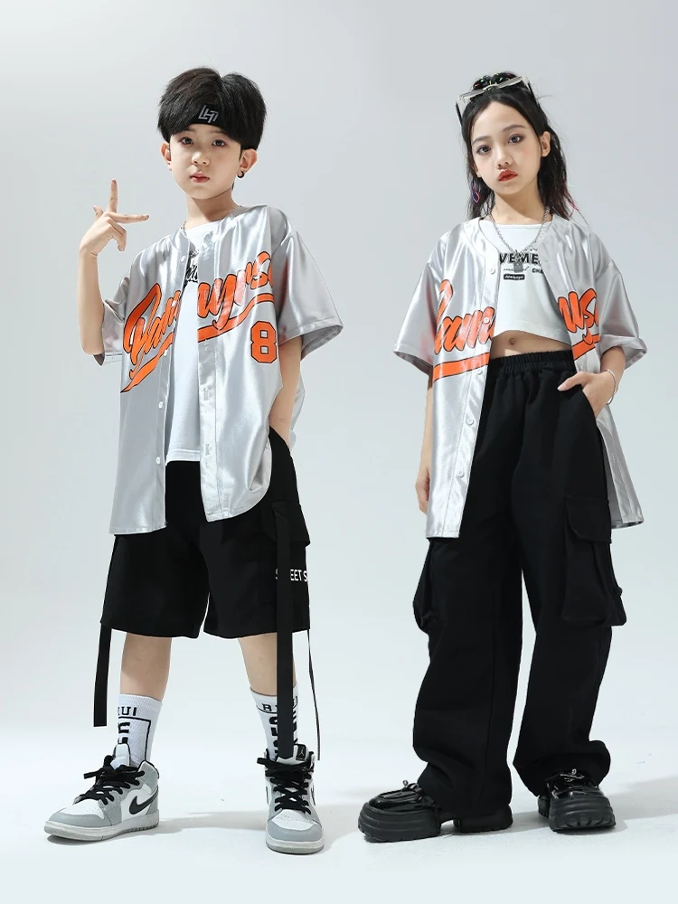 Children'S Trendy Clothing For Boys Bright Silver Baseball Suit Girls Jazz Hiphop Dance Performance Stage Costumes DQS14357