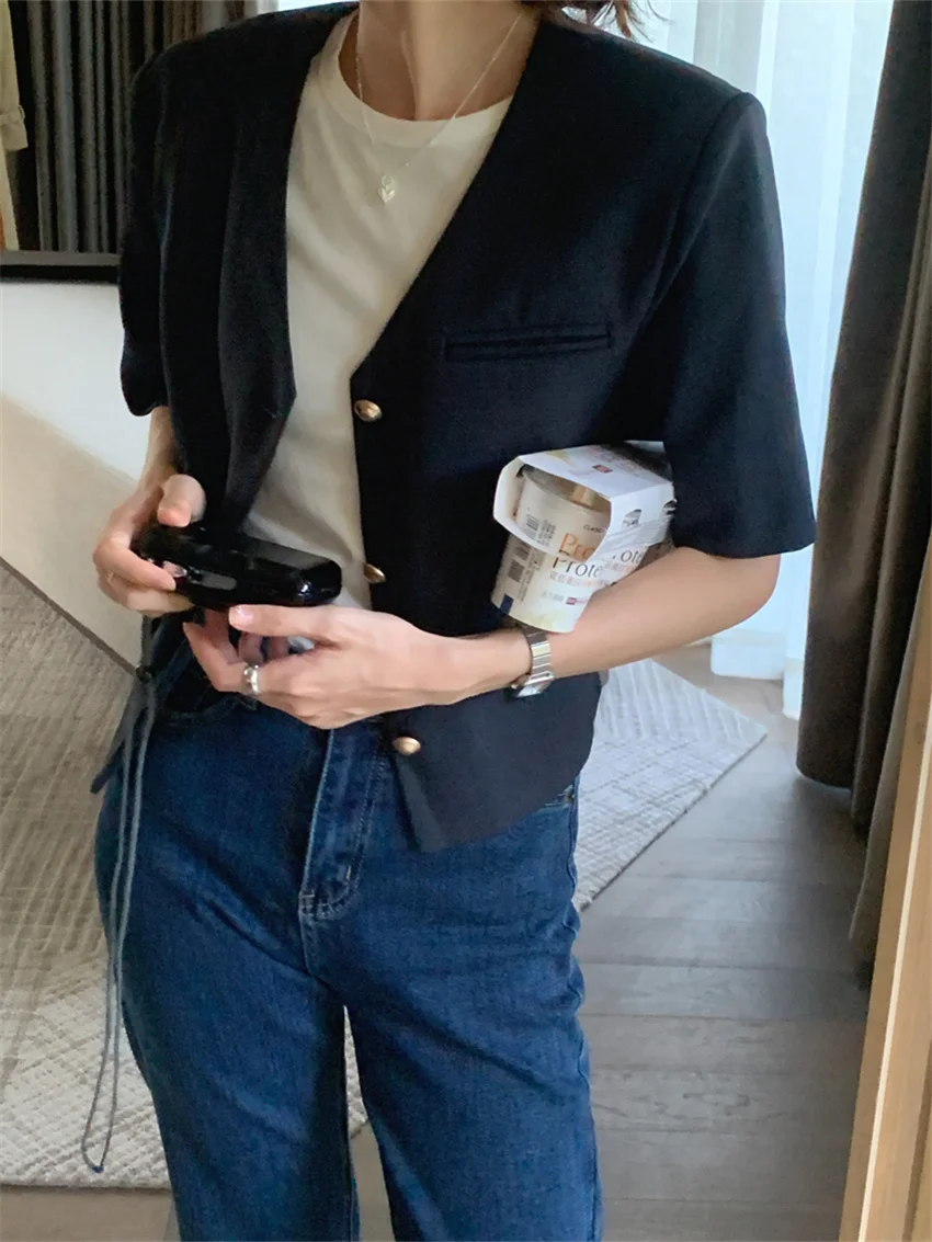 Arazooyi Short Sleeve Blazers Women Work Wear Slim V-Neck OL New Office Lady Summer 2023 Chic High Street Normcore Coats